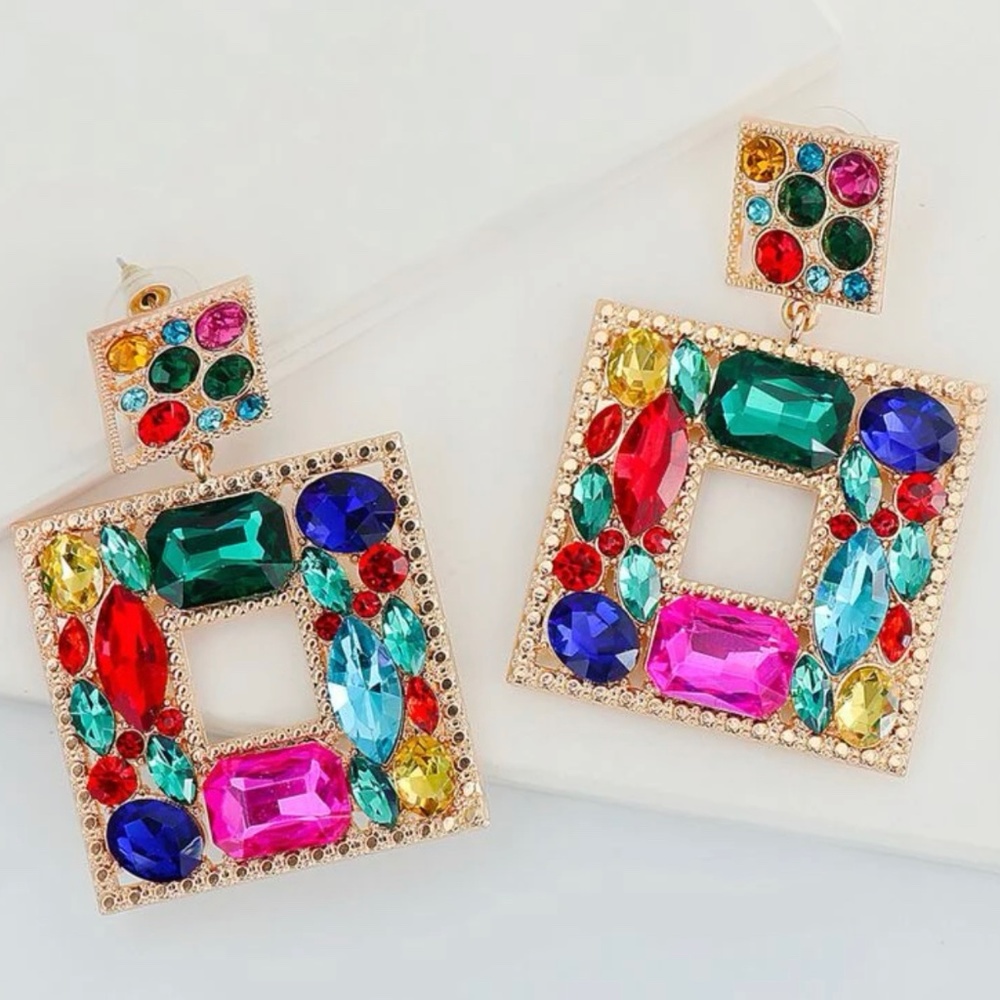 Multicolor Color Rhinestone Square Drop Earrings
